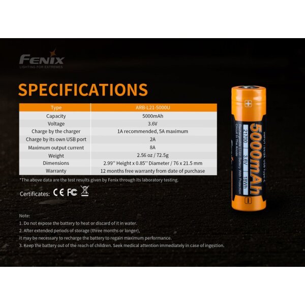 Fenix ARB-L21-5000U LiIon USB Akku 21700